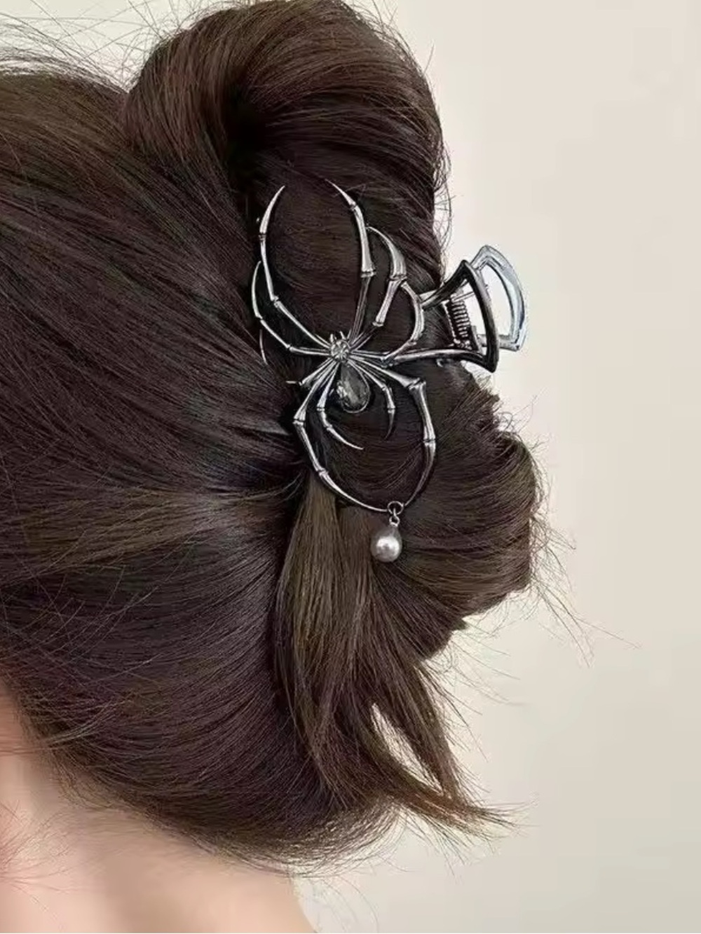 Black Spider-Shaped Hair Claw with Dangling Pearl